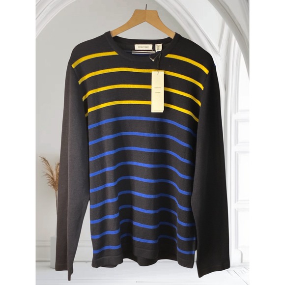 Calvin Klein Mens Striped Sweater Long Sleeve wool blend Knitwear Top XL new - Picture 1 of 12